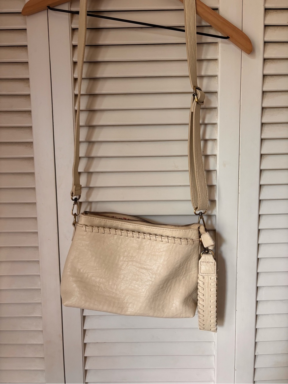 Cream Leather Crossbody Bag with Woven Detail